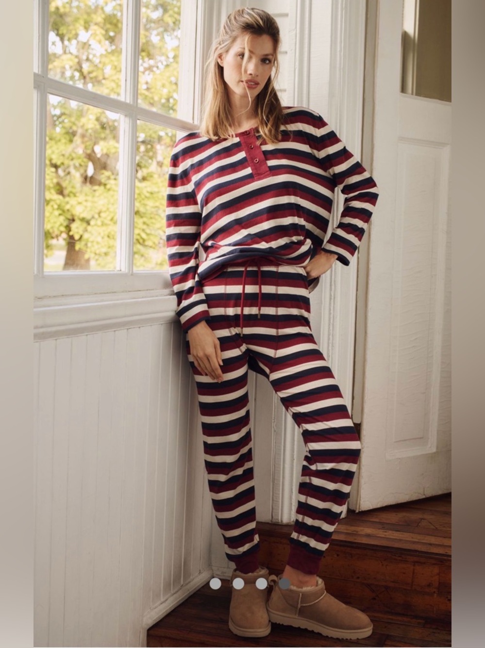 THE GREAT. Striped Henley Pajama Set in Red, Navy & White. From Anthropologie.